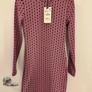 Zara Long Sleeve Dress in Pink and Black Geometric Pattern